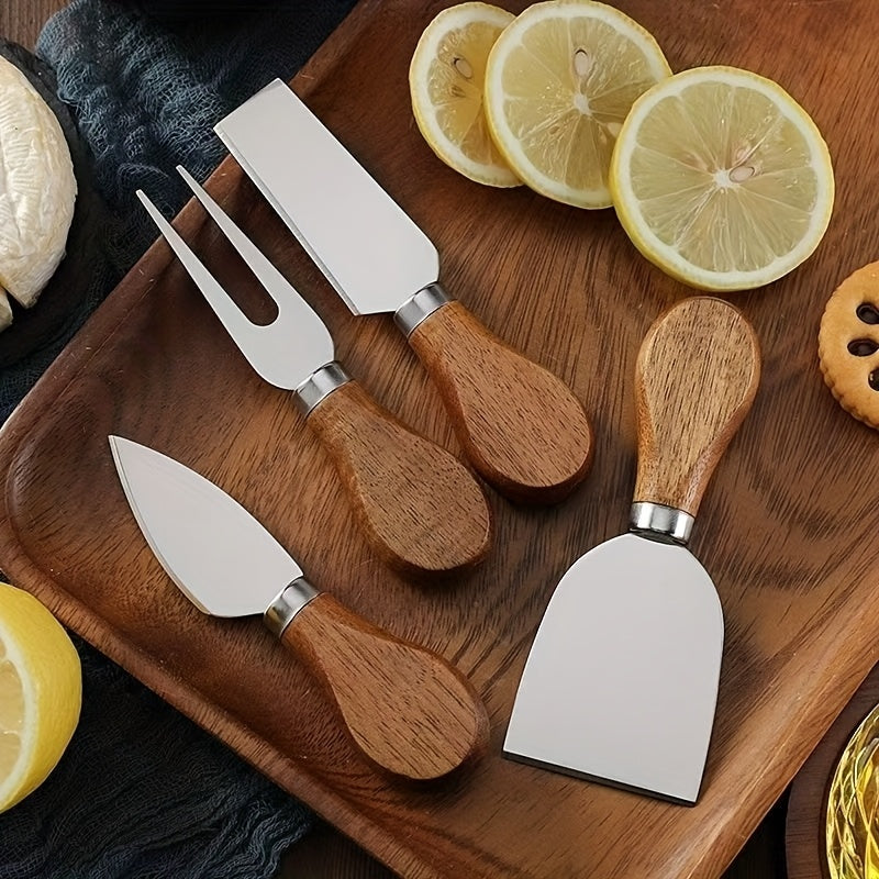 Premium Acacia Cheese Tool Set - with Western Style Acacia Handle, 410 Stainless Steel Cheese Knife, Fork, Butter Scraper, Mini Cheese Slicer Set, Baking Tools, Kitchen Supplies, Restaurant Supplies