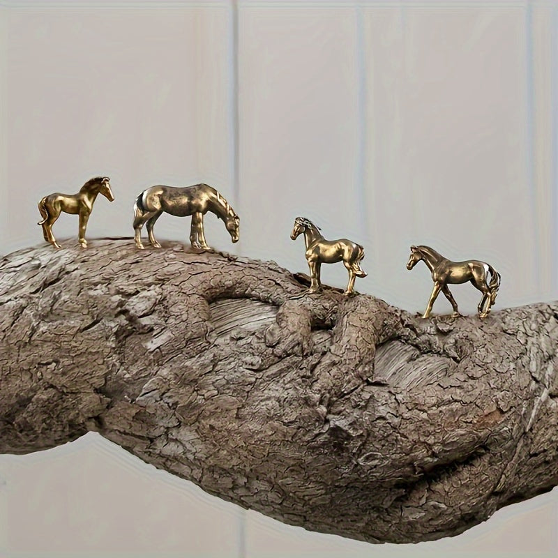 4pcs Bronze Mini Horse Figurines - Ornamentos de pônei metálicos detalhados para jardim musgo, tanque de peixes, decoração de bonsai, decoração de jardim | Figurinos de cavalo detalhados | Acabamento bronze