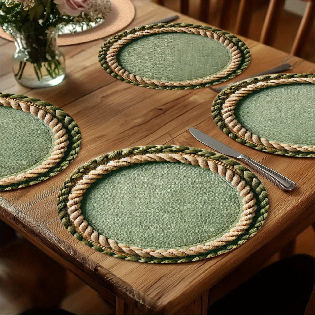 Conjunto de 4 Capachos Redondos - Borda em Cordão Verde Bege, Tapetes Centrais para Mesa na Cor Bege, 38,1x38,1 cm Resistente e Lavagem Manual Apenas no Tecido Decorativo Rústico Fazenda, Jantar Campestre, Festas Temáticas & Uso Diário - Utensílios Elegantes