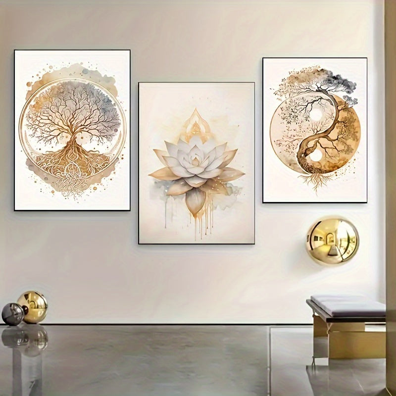 [2D Flat] Três Posters de Tela de Arte Decorativa Moderna com a Árvore da Vida e Impressões de Lótus, Orientados para Retrato, Pinturas a Óleo Sem Moldura para Arte de Parede em Salas de Estar e Quartos.