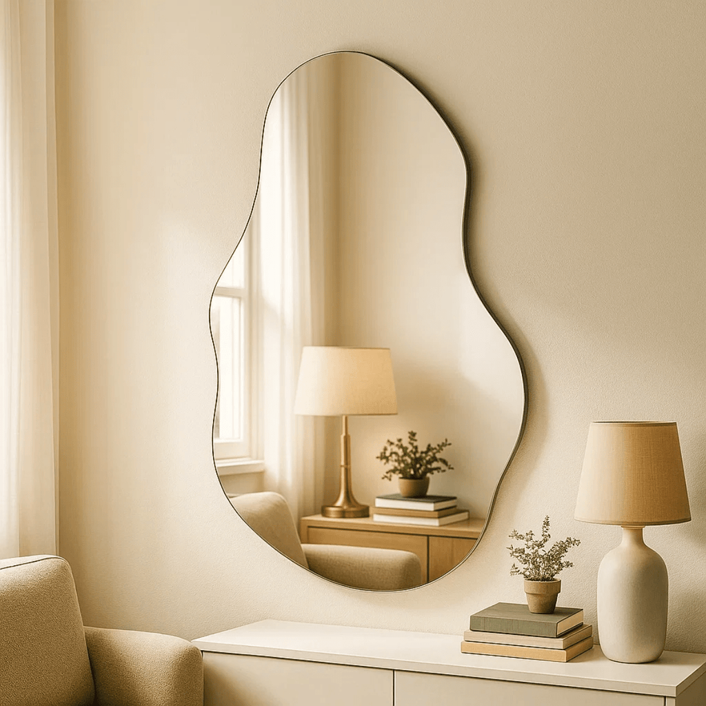 Espelho Orgânico Decorativo Moderno 70x50cm Formato Irregular Estilo Pinterest Vidro Polido de Alta Qualidade Sem Distorção para Decoração de Quarto Sala Hall e Banheiro Opções de Instalação com Suporte ou Fita Dupla Face Design Contemporâneo Luxo Resistente e Versátil Lopazzi Home Decor