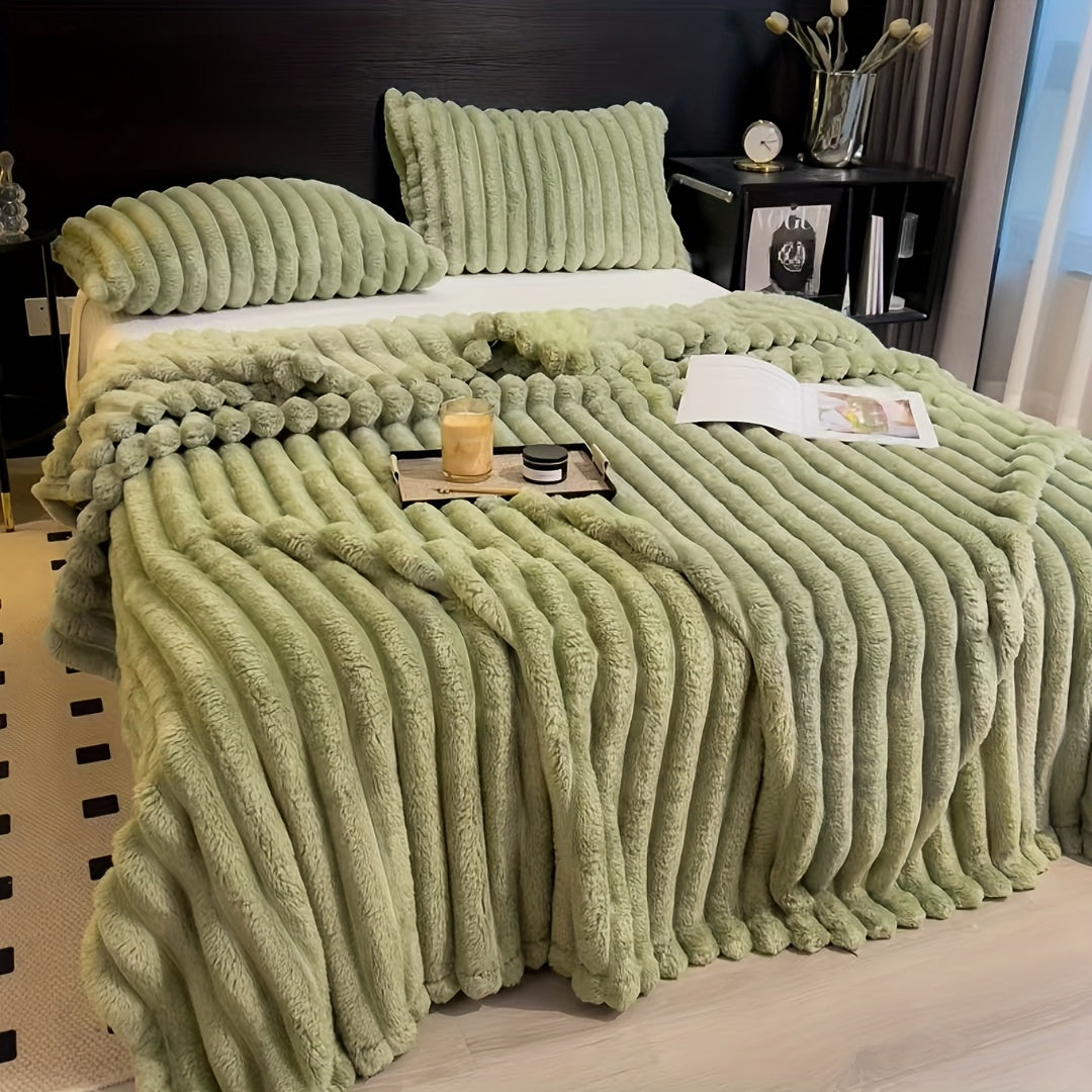 Manta Gdan Rinoceronte Luxuosa de Pele Falsa de Coelho - Adequada para Sofá, Cama, Escritório e Viagem - Manta Macia, Quente e Aconchegante Listrada, Colcha Contemporânea, Lavável à Mão, Presente Ideal de Natal e Uso em Todas as Estações (Multicolor)