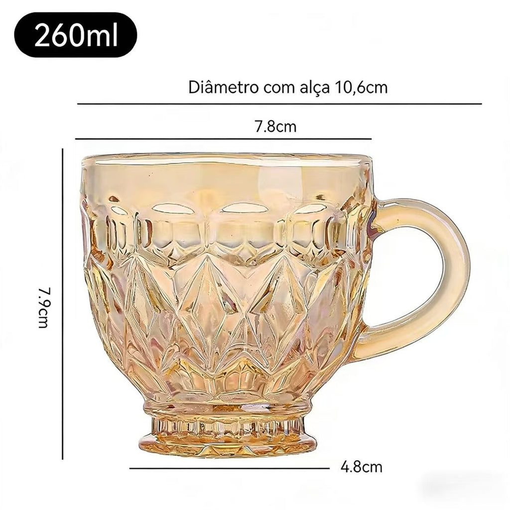 Jogo 6 Xícaras Chá e Café 260ml Itália Âmbar Cristal Dourado Luxuoso