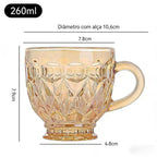 Jogo 6 Xícaras Chá e Café 260ml Itália Âmbar Cristal Dourado Luxuoso