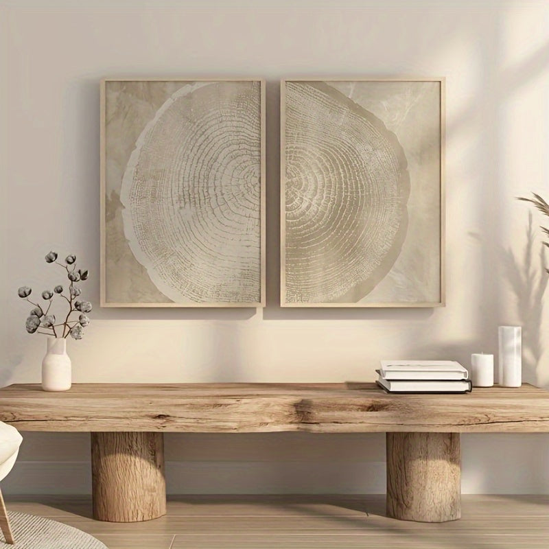 [2D Flat] Conjunto de 2 Impressões em Tela Abstratas com Anéis de Árvore em Bege, Perfeito para Decorar Quartos e Salas de Estar, Ideal Como Presentes de Natal e Ano Novo.