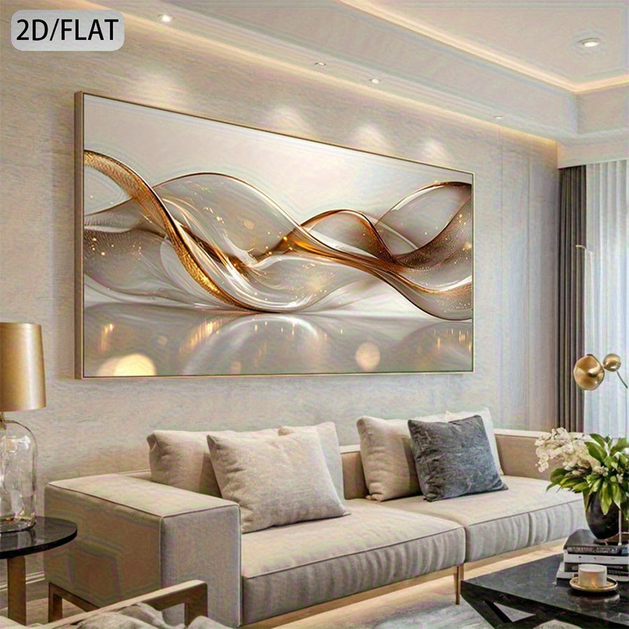 Grande Arte de Parede Moderna Abstrata - Pintura em Tela com Linha Dourada e Moldura Transparente, Ideal para Sala, Quarto, Escritório - Decoração Contemporânea Neutra 50x150cm (19,69x59,06in) Obra de Arte Moderna de Grande Porte