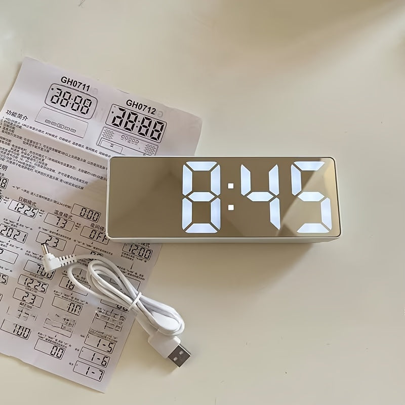 1pc Despertador de Mesa com Espelho LED | Ecrã Digital, Alimentado por USB, Função Snooze, Design Retangular Moderno com Estrutura de Plástico, Tensão de Operação ≤36V | Ideal para Decoração de Quarto ou Escritório