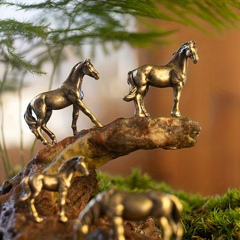 4pcs Bronze Mini Horse Figurines - Ornamentos de pônei metálicos detalhados para jardim musgo, tanque de peixes, decoração de bonsai, decoração de jardim | Figurinos de cavalo detalhados | Acabamento bronze