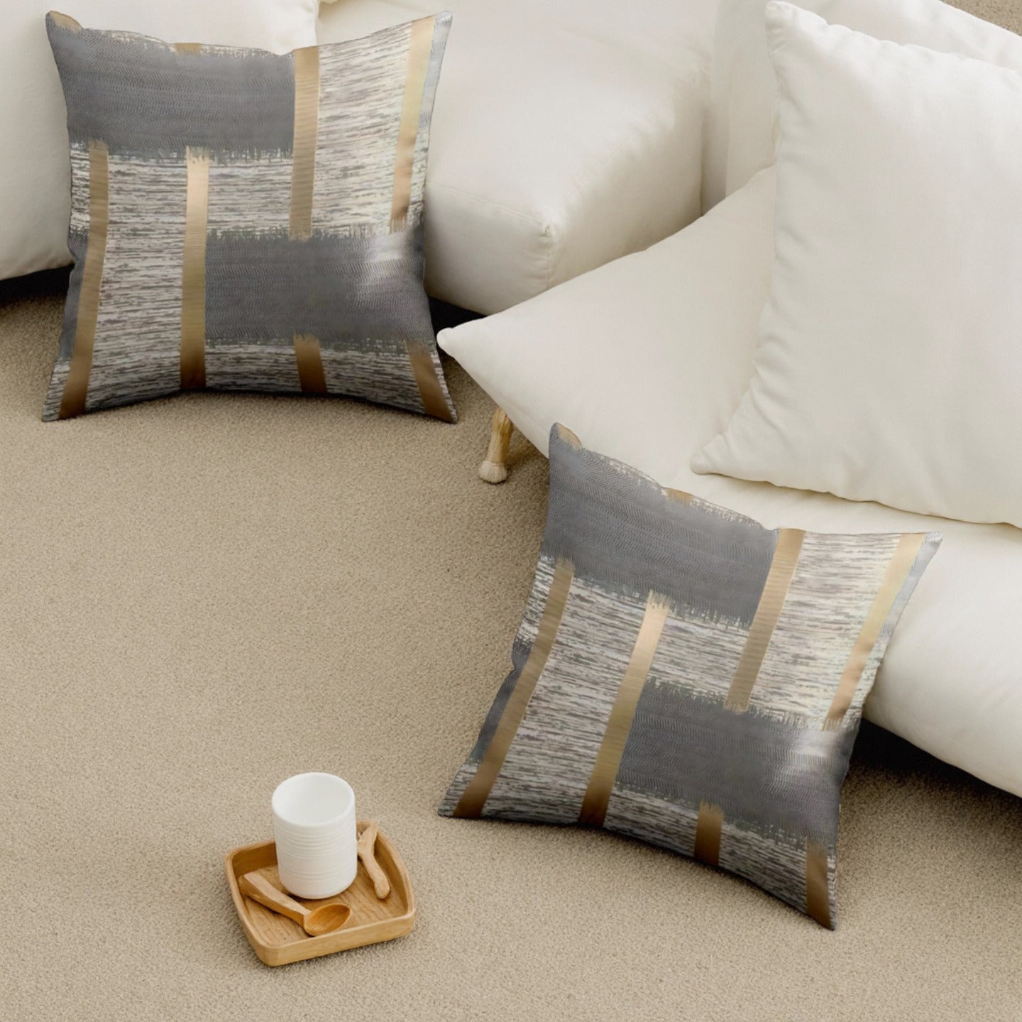 2 unidades de Almofadas Premium Cinza-Douradas Artísticas | Textura Escovada com Linhas Metálicas, Capas de Almofada Contemporâneas em Poliéster, Fecho de Zíper, Adiciona Luxo Minimalista Moderno ao Sala de Estar