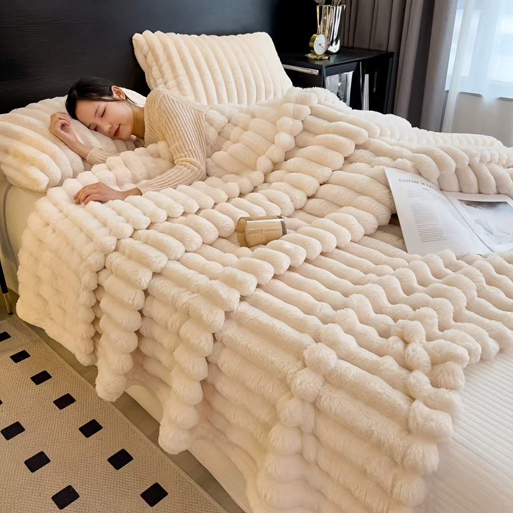 Manta Gdan Rinoceronte Luxuosa de Pele Falsa de Coelho - Adequada para Sofá, Cama, Escritório e Viagem - Manta Macia, Quente e Aconchegante Listrada, Colcha Contemporânea, Lavável à Mão, Presente Ideal de Natal e Uso em Todas as Estações (Multicolor)