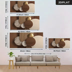 [2D Flat] Uma Grande Arte de Parede em Tela Minimalista Moderna Apresentando um Design Circular Abstrato em Bege, Castanho, Branco e Dourado. Esta Peça Contemporânea Sem Moldura é Ideal para Decorar Salas de Estar, Quartos e Escritórios em Casa