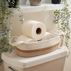 Bohemian Woven Fabric Toilet Paper Basket with Tassels - No-Installation Bathroom Storage Shelf & Decorative Hanging Toilet Tank Organizer, Cloth Basket for Towels, Tubes & Small Items - Decorative Bath Shelf for Modern or traditional rooms, Toilet