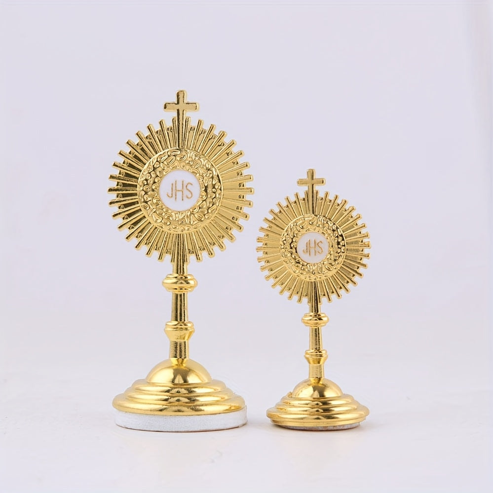 2pcs Golden Catholic Communion Monstrance Statue - Elegant Sacred Table Decor with Cross, Zinc Alloy Construction, Stable Base - for Home, Church, Office - Perfect for Mass, Christmas, Easter, Thanksgiving - Religious Gifts for Catholics, Holiday Table Accent, Ornate Religious Design, Detailed Craftsmanship