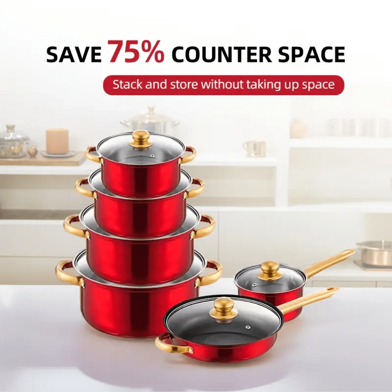 6pcs Red Stainless Steel Cookware Set, Non-stick Frying Pan, Pan, with Lid, Multi-functional, Fashionable and Durable, Suitable for Induction Cooker, Can Be Used in Kitchen, Restaurant, Outdoor Camping, Perfect Gift for Valentine's Day
