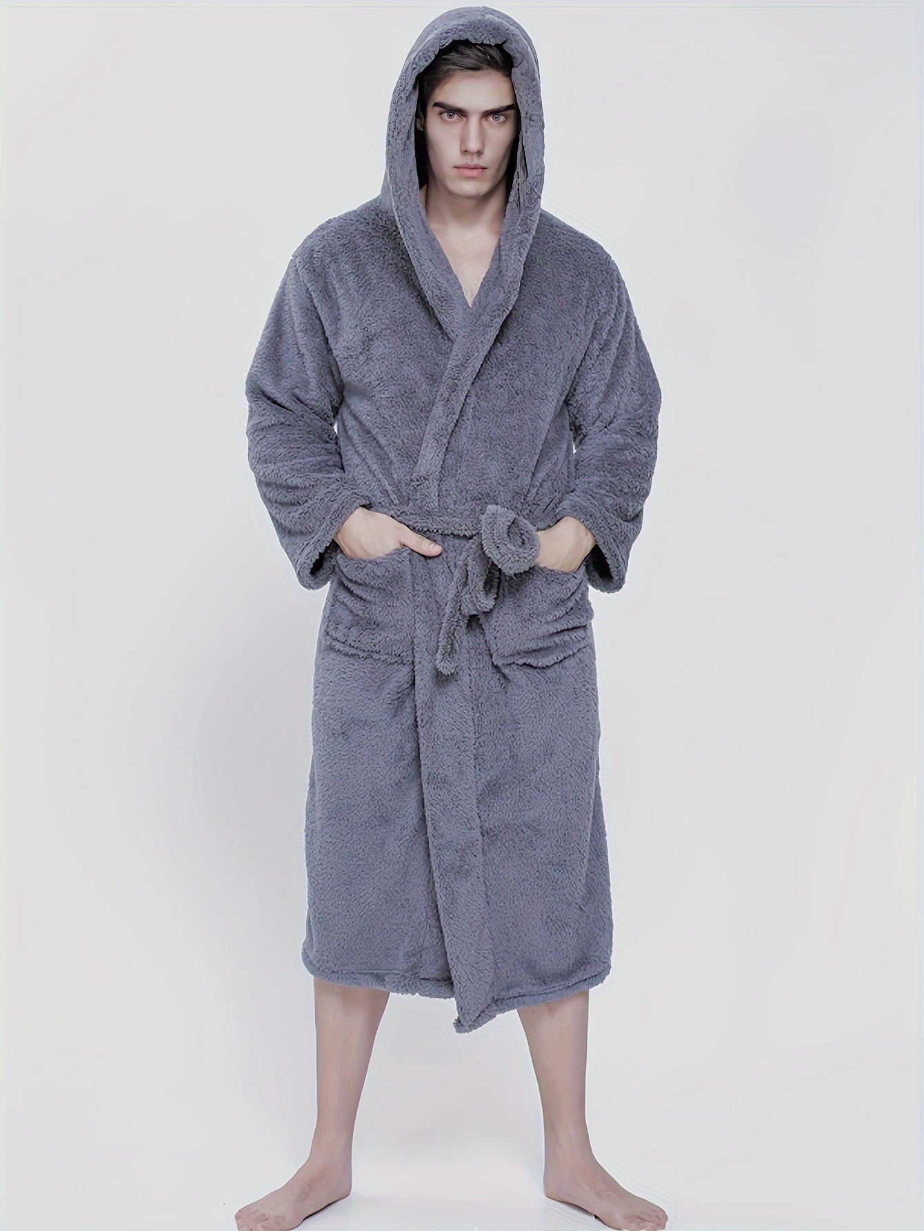 Roupa de Banho com Capuz para Homem em Lã de Coral, Ideal para Uso Doméstico, Casual, Macia, Absorvente, Adequada para a Casa de Banho, Quarto ou Piscina