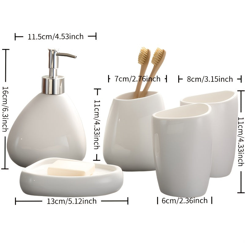 Conjunto de Banheiro Moderno em Cerâmica Branca - 5 Peças - Acessórios de Luxo Completo com Dispensador de Sabonete, Porta-Escova de Dentes, Saboneteira e Copo para Enxaguante Bucal - Resistente a Manchas, Fácil de Limpar e Durável para Banheiros de Casa e Hotel (Sem Instalação)