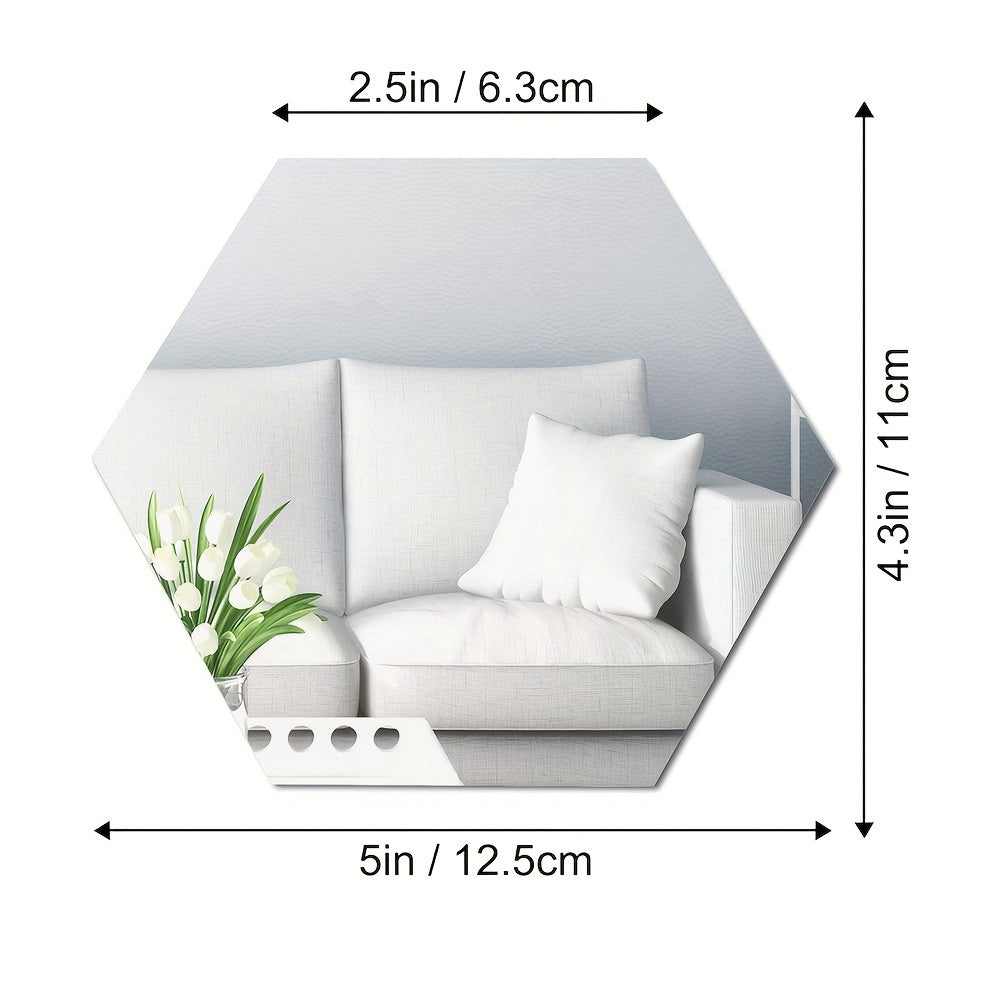13 unidades Espelho Hexagonal Prateado | Autocolantes de Parede Autoadesivos em Acrílico de 100mm para Decoração de Casa de Banho, Sala de Estar, Quarto