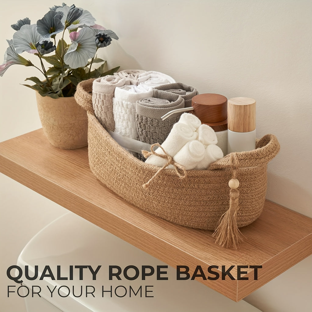 Bohemian Woven Fabric Toilet Paper Basket with Tassels - No-Installation Bathroom Storage Shelf & Decorative Hanging Toilet Tank Organizer, Cloth Basket for Towels, Tubes & Small Items - Decorative Bath Shelf for Modern or traditional rooms, Toilet