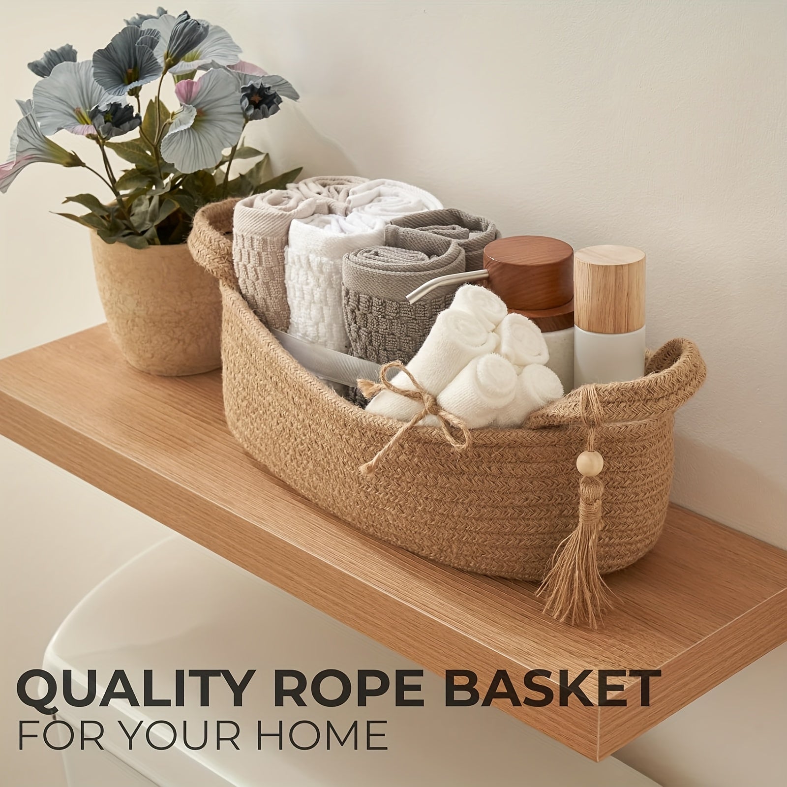 Bohemian Woven Fabric Toilet Paper Basket with Tassels - No-Installation Bathroom Storage Shelf & Decorative Hanging Toilet Tank Organizer, Cloth Basket for Towels, Tubes & Small Items - Decorative Bath Shelf for Modern or traditional rooms, Toilet