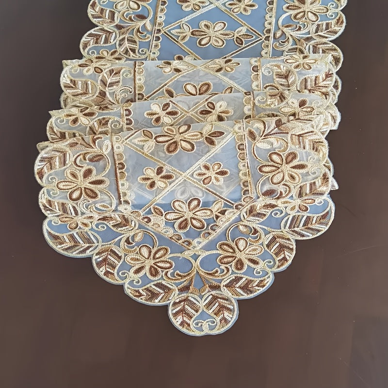 1 Toalha de Mesa Elegante com Bordado Floral - Design Tradicional em Organza com Fio Dourado em Tecido Bege, Retangular em Vários Tamanhos para Festas, Celebrações ou Decoração de Jantar do Dia a Dia