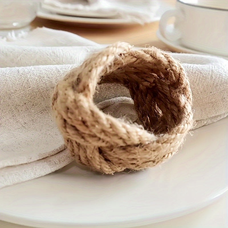 Conjunto de 8 anéis de toalha de linho trançado, anel de toalha de juta trançado à mão em forma de flor, adequado para mesa de jantar, anel de toalha náutico, decoração de mesa, festa, banquete, casamento, aniversário