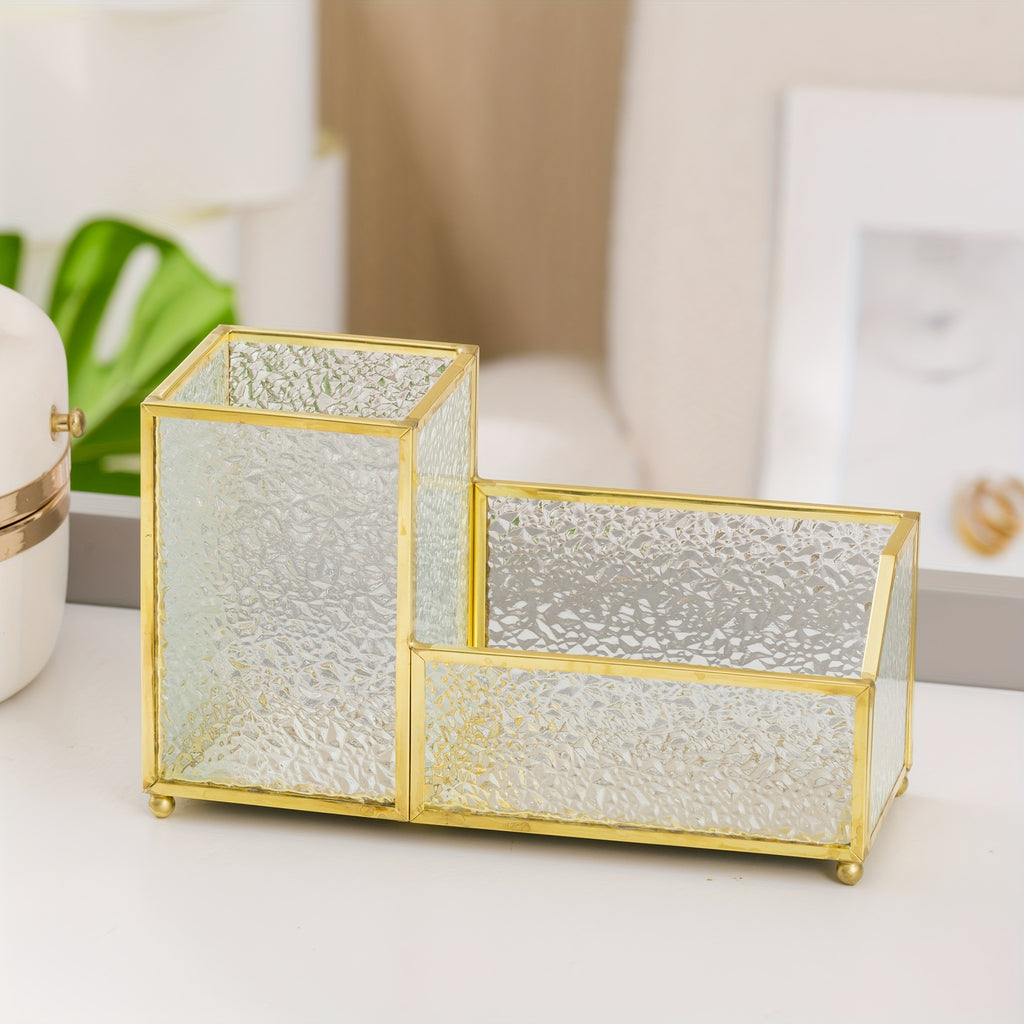 Porta-Cartões de Visita em Vidro com Porta-Canetas Dourado