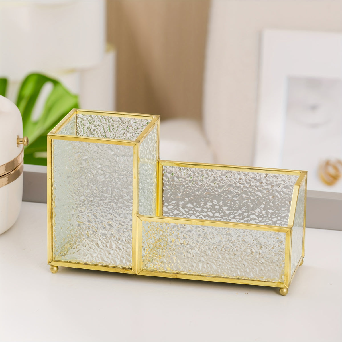 Porta-Cartões de Visita em Vidro com Porta-Canetas Dourado