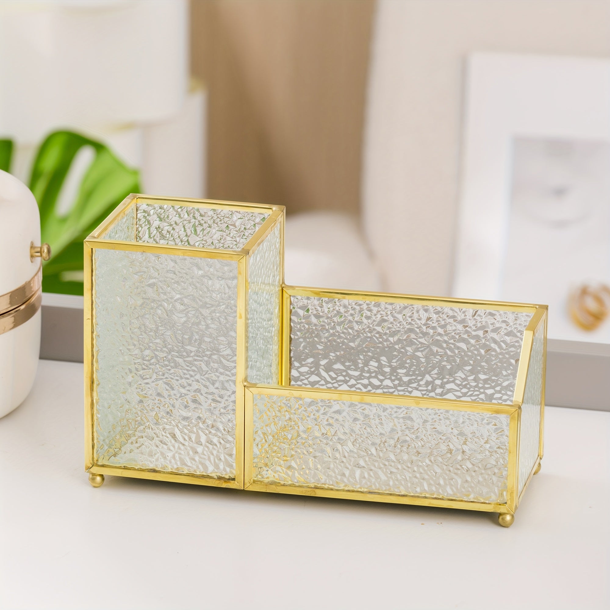 Porta-Cartões de Visita em Vidro com Porta-Canetas Dourado