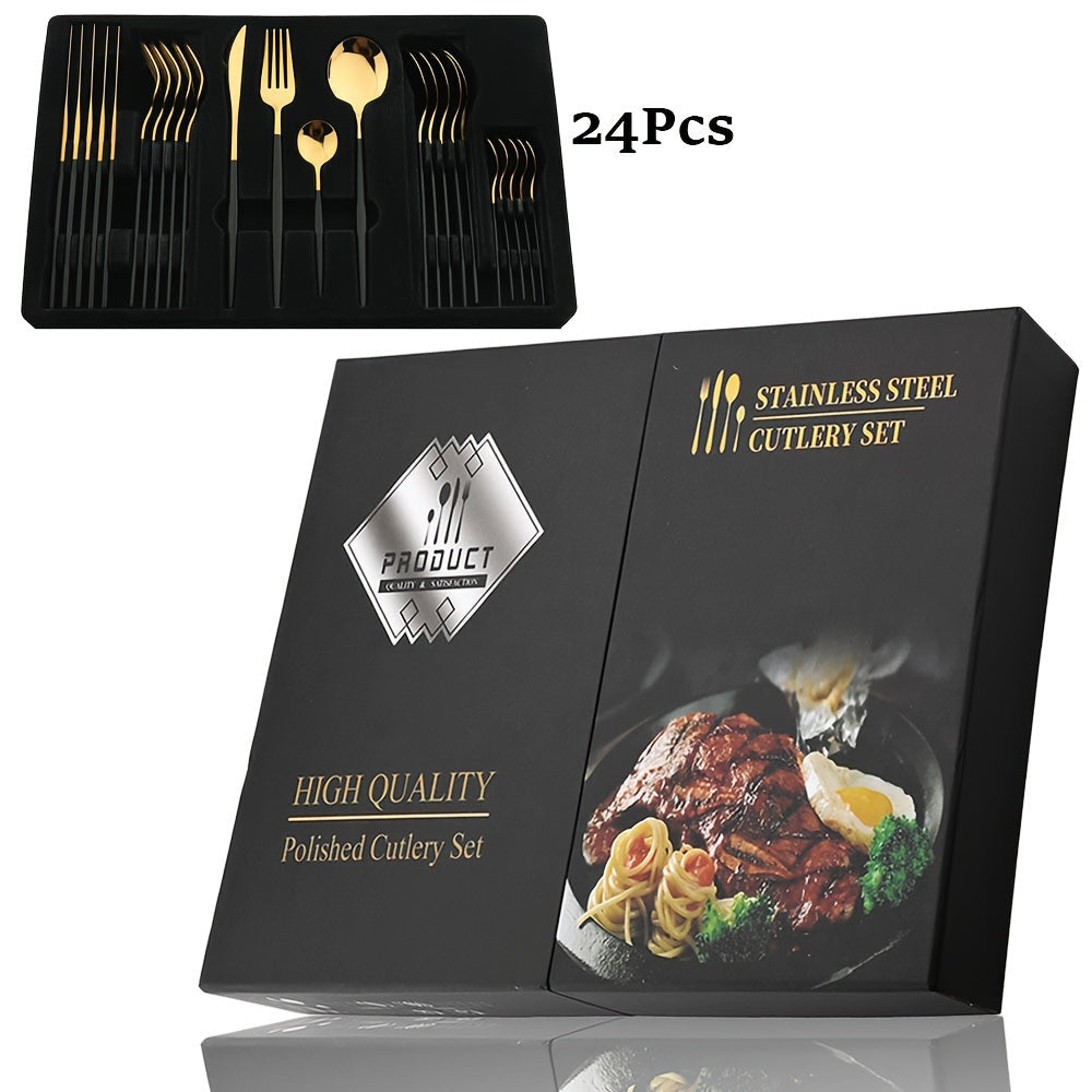Conjunto de Talheres Dourados com Cabo Preto de 24 peças | Faca, Garfo, Colher em Aço Inoxidável, Aço Inoxidável 410, Presente de Louça de Jantar para Cozinha de Festival com Caixa