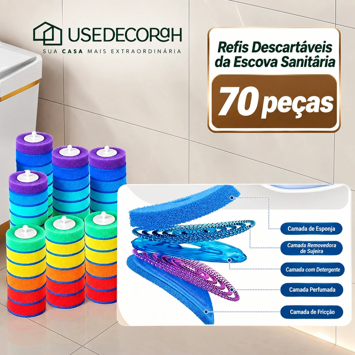 Escova Sanitária Descartável com Refis e Suporte de Parede