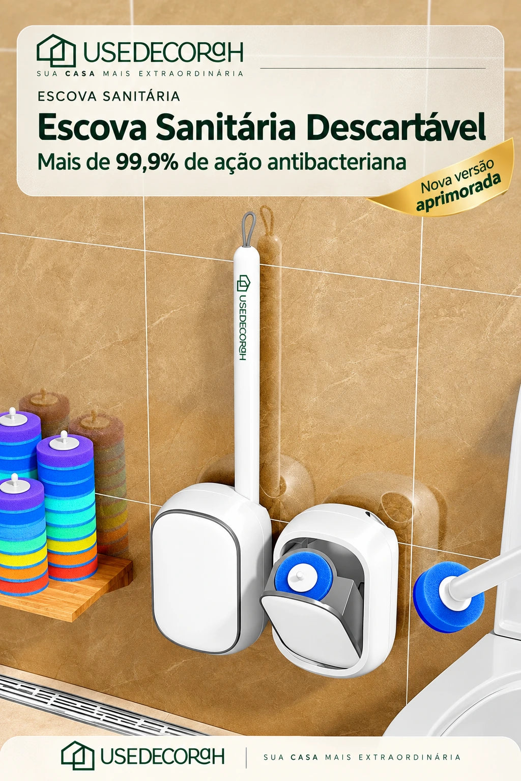 Escova Sanitária Descartável com Refis e Suporte de Parede
