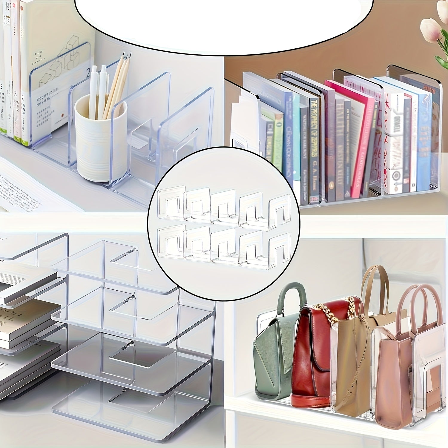 Organizador Vertical Compacto com Compartimentos Transparentes e Ganchos | Estrutura de Plástico, Ideal para Bolsas, Sapatos, Livros, Roupa - Fácil de Montar, Base Estável, Moderno - Adequado para Roupeiros, Armários, Expositores de Retalho, Prateleiras Utilitárias