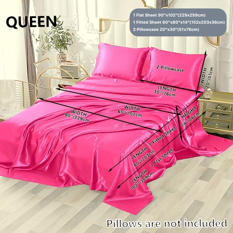 3/4 Peças de Lençol de Cetim - Cobertor de Cama Macio e Respirável, Luxuoso, Adequado para Quarto, Ajustável a Camas, Opções de Cores Múltiplas (Lençol, Cobertor Ajustável e Fronhas)