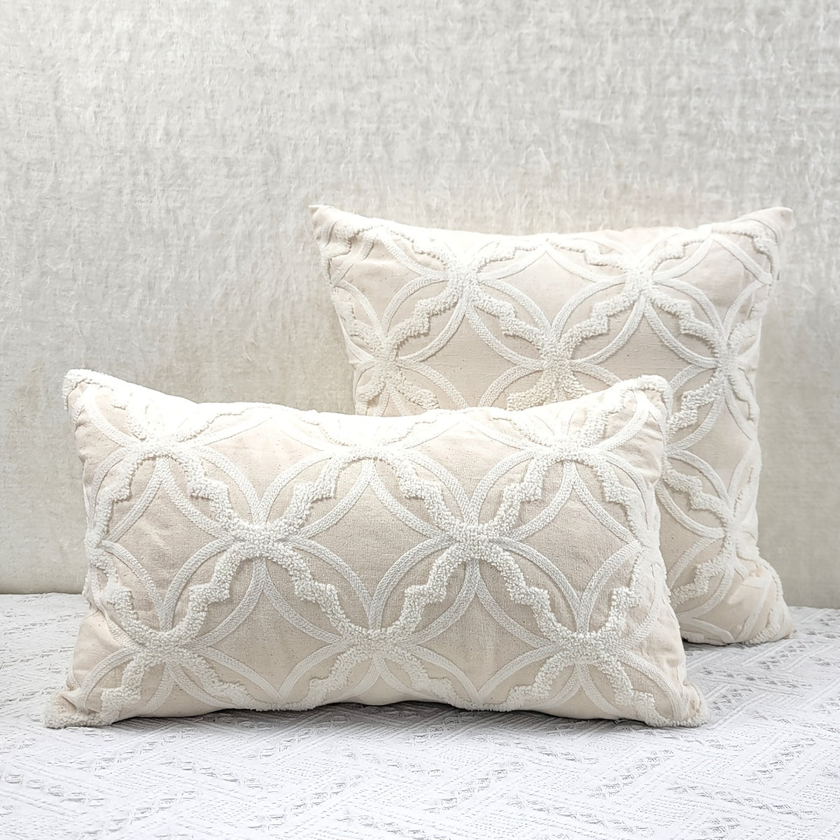 1 Peça Capa de Almofada com Bordado de Padrão Geométrico, Tecido Bege com Bordado Branco