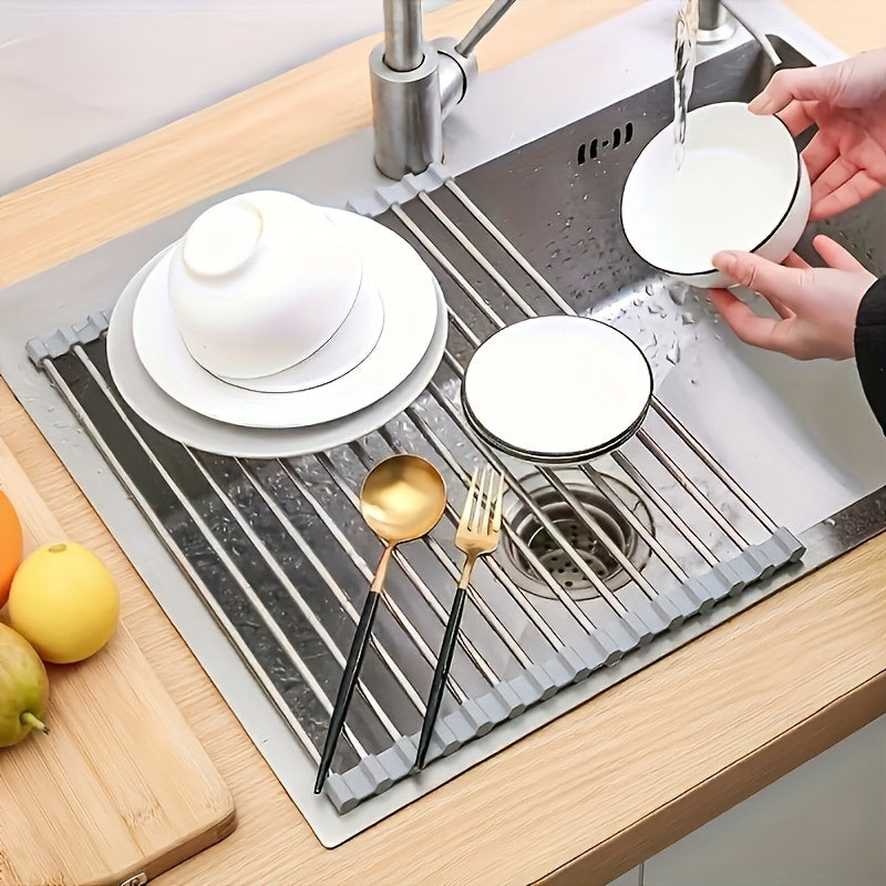 1pc, Deluxe Stainless Steel Roll-Up Dish Drying Rack - Space-Saving Over The Sink Design, Multifunctional Dish Drain Rack, Portable Rolling Rack, Sink Mat, Easy Storage, Rust-Resistant, Durable, And Compact Kitchen Tool, Drain Rack