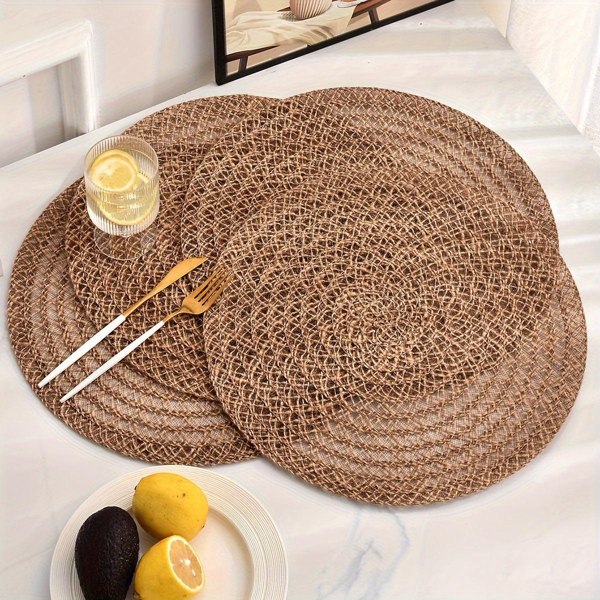 4 Peças de Descanso de Copos Redondo Antiderrapante Nórdico, Jogo Americano, Acessórios de Cozinha, Descanso de Mesa para Jantar, Design Trançado Boho para Mesa de Jantar & Festa de Natal, Guardanapo para Restaurante, Festa, Hotel, Casa de Campo, Decoração de Mesa para Reunião Familiar