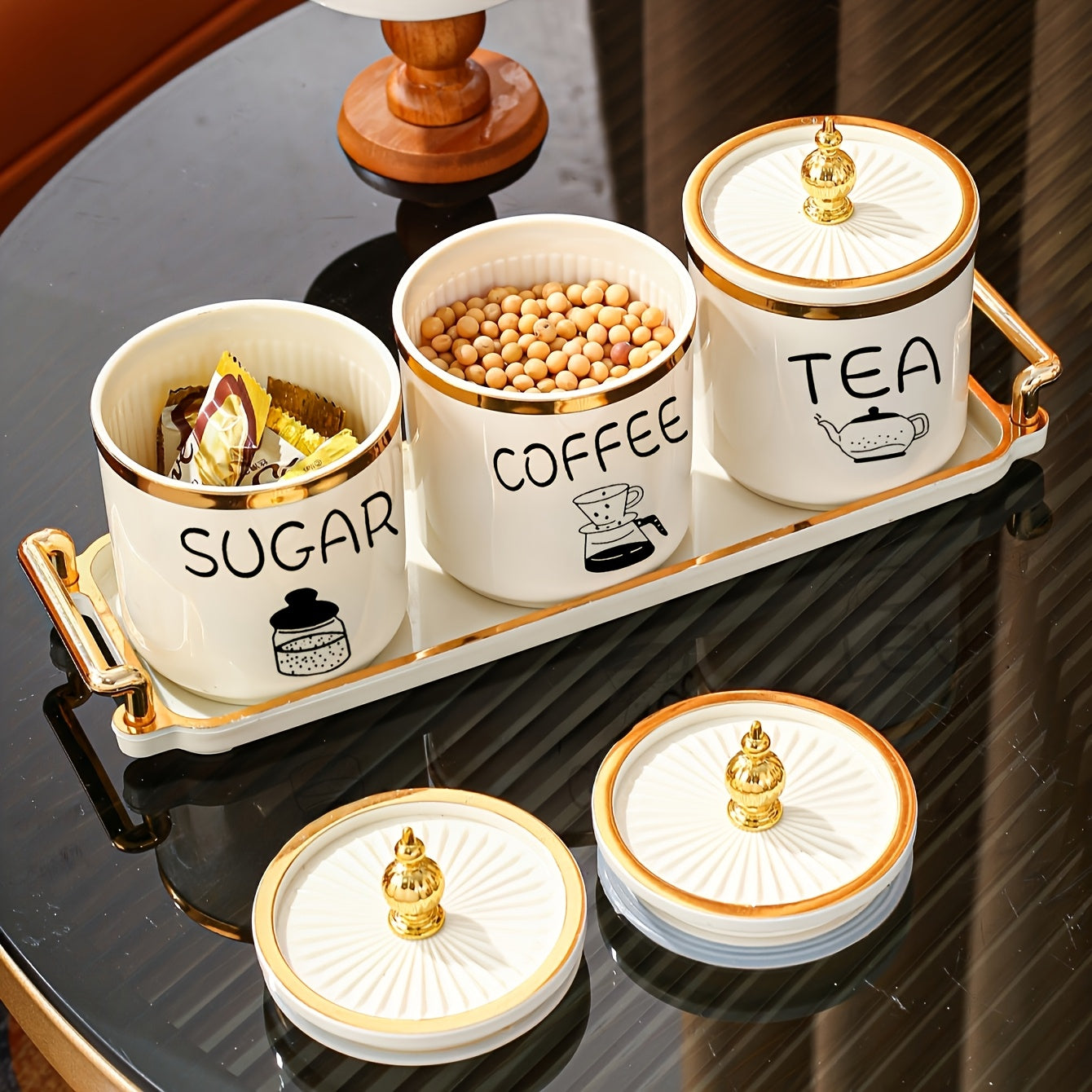 1 Bandeja com 3 Frascos de Armazenamento, Frascos de Armazenamento Multifuncionais de Plástico, Frascos Decorativos, Frascos Selados, Sala de Estar, Sala de Jantar, Conjunto de Bandejas de Cozinha para Grãos, Doces, Pão, Adequado para Casamentos ao Ar Livre, Festas, Presentes, Aniversários