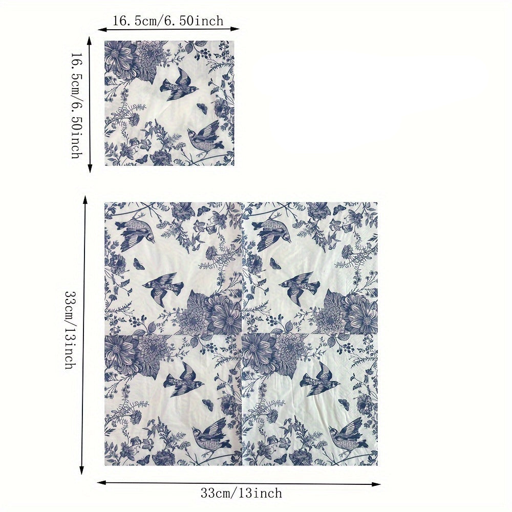 20 unidades de Guardanapos de Papel com Design de Flores e Pássaros Azuis, 33,02x33,02 cm, Toalhas Decorativas de 2 Folhas para Convidados para Casamento, Festa de Aniversário, Uso em Restaurante e Cafeteria para Halloween, Evento de Natal e Suprimentos para Festa Halloween&Natal
