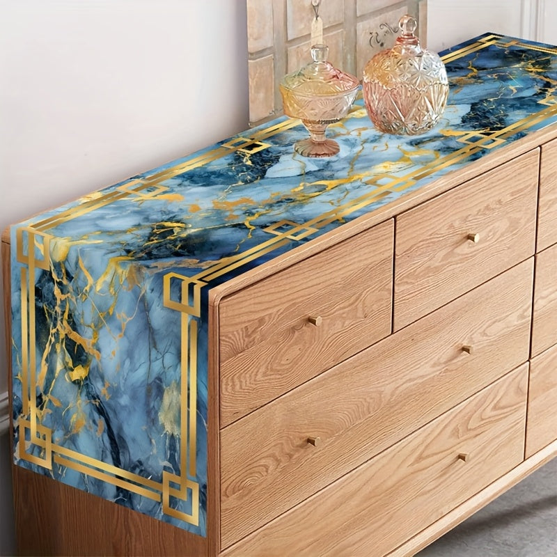 Caminho de Mesa Elegante em Mármore com 35.0 X 180.01 cm - Apresenta um Borda Dourada com Textura em Branco, Preto e Azul. Feito de Poliéster, é Ideal para Decorar Mesas de Jantar e Cozinha Durante Festas e Celebrações