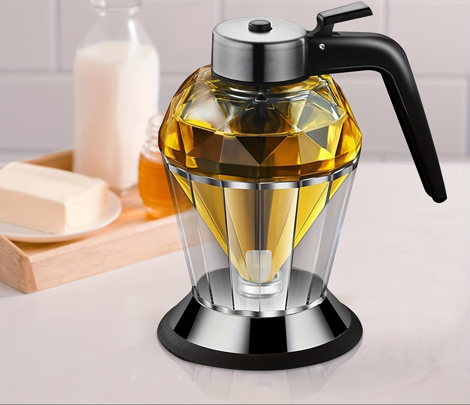 LDQ 200ml No-Drip Glass Honey Dispenser - Stylish Diamond Pattern, Black & Clear Design, Perfect for Syrup, Sauce & Honey Storage, Ideal for Kitchen & Dining Use
