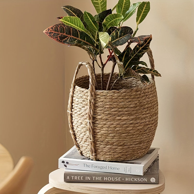 Cesto de Flores Redondo Grande em Seagrass Tecido à Mão Estilo Boho Chic - Decoração para Interior/Exterior, Perfeito para Casa & Jardim