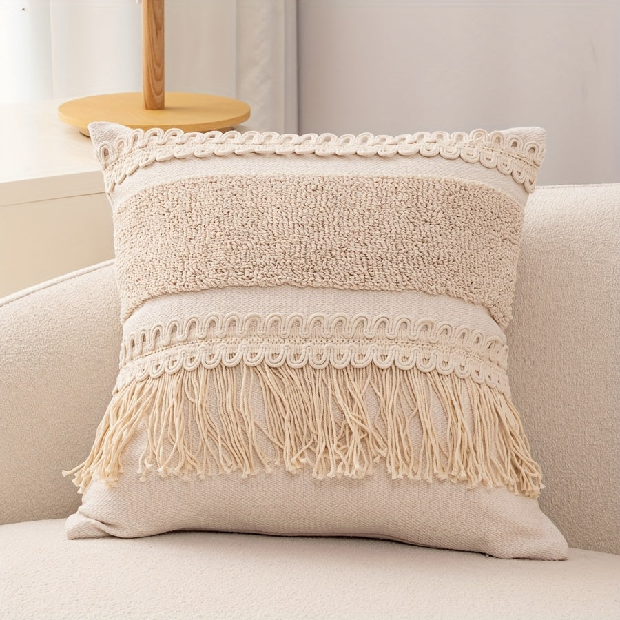 1pc Capa de Almofada Decorativa Bohemia Bordada - Design Geométrico Marroquino, 45.72x45.72 cm, Hipoalergênica para Sofá e Quarto, Fechamento com Zíper (Sem Enchimento), Tecido Texturizado Espesso, Decoração Rústica Champanhe para Sala e Quarto, Acessório para Cama ou Sofá