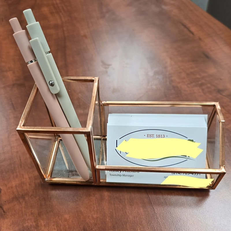 Porta-Cartões de Visita em Vidro com Porta-Canetas Dourado
