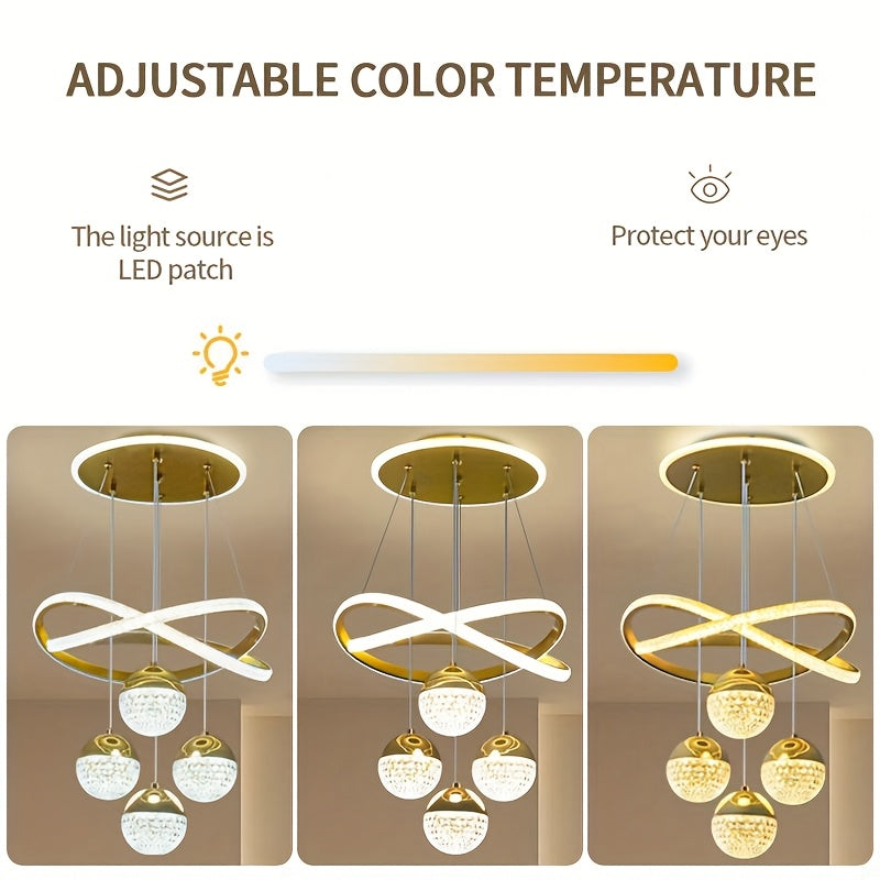 Luminoso, Elegante, de Alta Qualidade, Moderno, Simples, de Luxo Leve, Base de 4 Bolas LED, Anel Luminoso, Linha de Suspensão Ajustável, Processo de Eletroplaca, Adequado para Sala de Estar, Quarto, Estudo, Corredor, Sala de Jantar, Bar, Luz Pendente, Luz Pendente Suspensa, Luz Pendente Interior