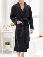 Camisola de Noite Elegante de Manga Comprida e Gola Alta para Homem com Cintura Entalhada e Bolsos Grandes