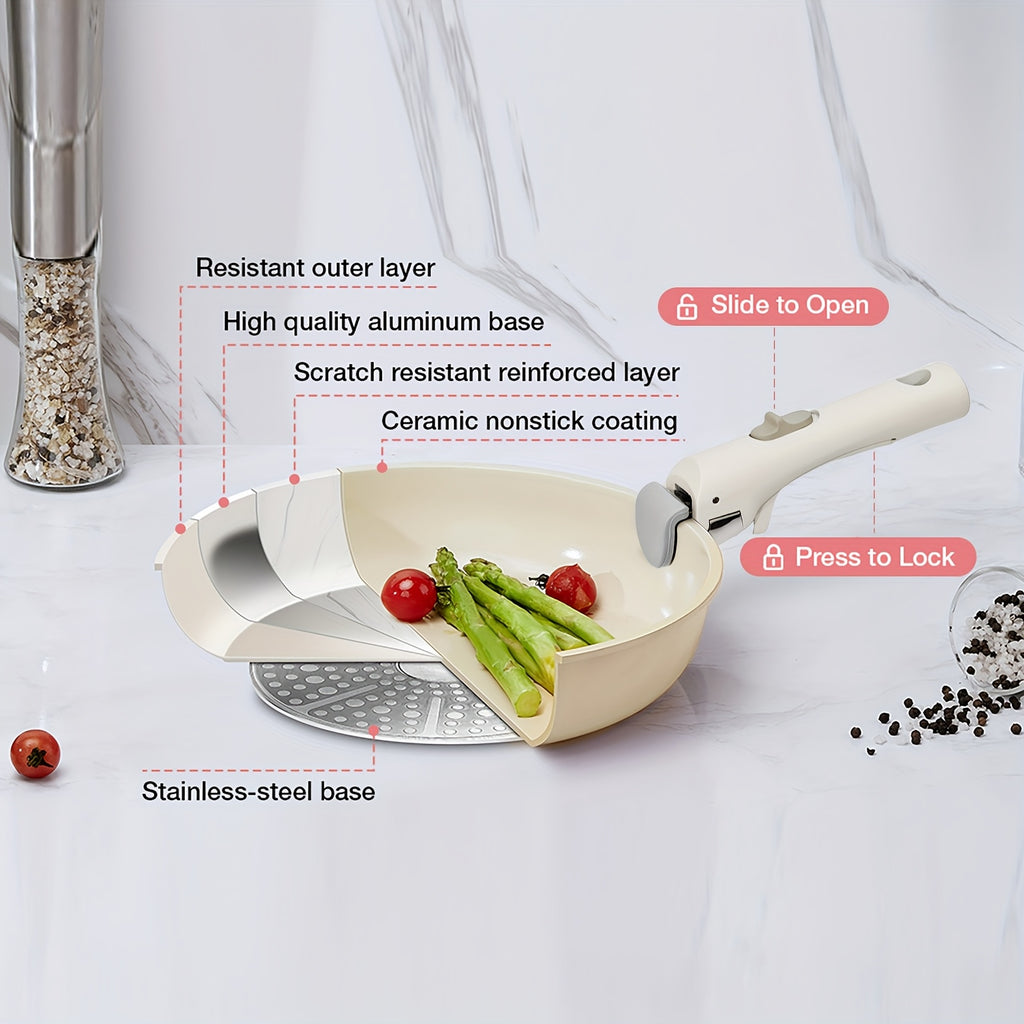 Conjunto de 5 peças de panelas antiaderentes IKTU em alumínio, com pegas removíveis para fácil limpeza e armazenamento, ideal para indução, gás e todos os tipos de fogões, perfeito como conjunto de panelas antiaderentes para autocaravanas, um excelente presente de Natal.