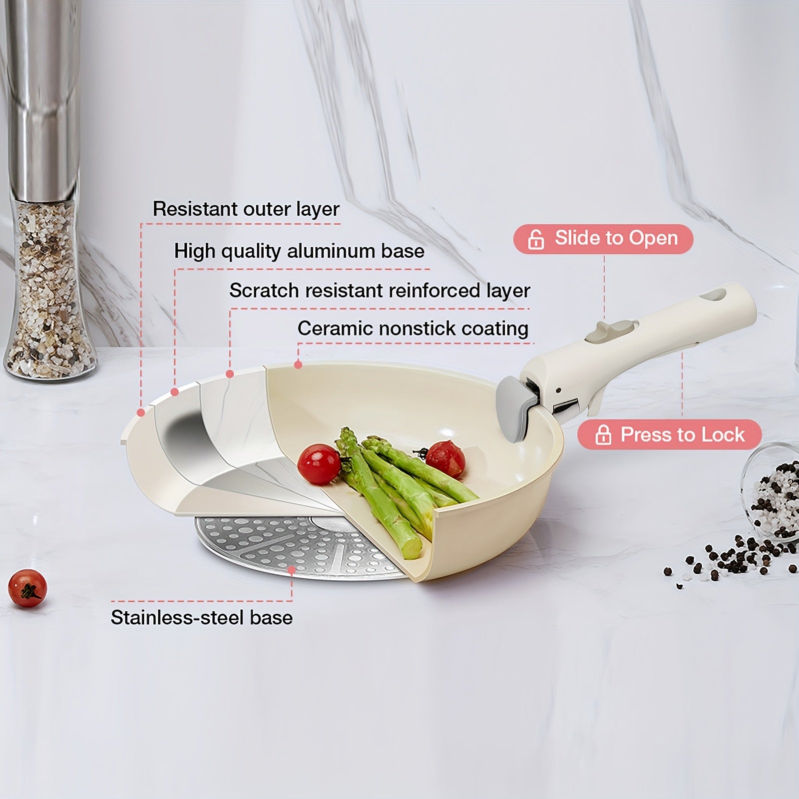 Conjunto de 5 peças de panelas antiaderentes IKTU em alumínio, com pegas removíveis para fácil limpeza e armazenamento, ideal para indução, gás e todos os tipos de fogões, perfeito como conjunto de panelas antiaderentes para autocaravanas, um excelente presente de Natal.