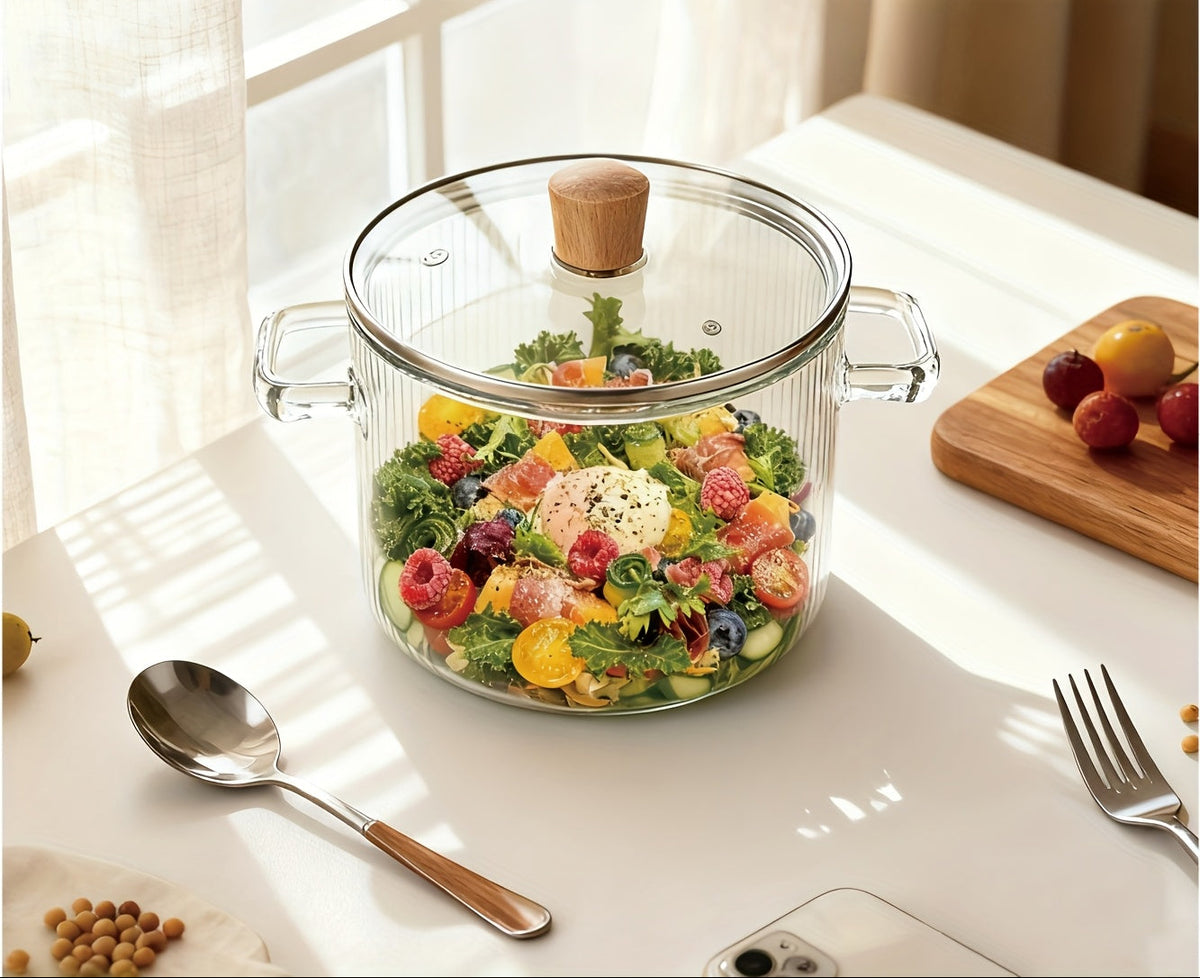 61oz/78oz Stylish Double-Handled Vertical Striped Transparent Glass Small Pot, High Borosilicate Glass Material, Heat-Resistant, Suitable for Open Flame, Electric, and Ceramic Stoves, Transparent Visible Stewing Pot, Household Pot for 1-2 People