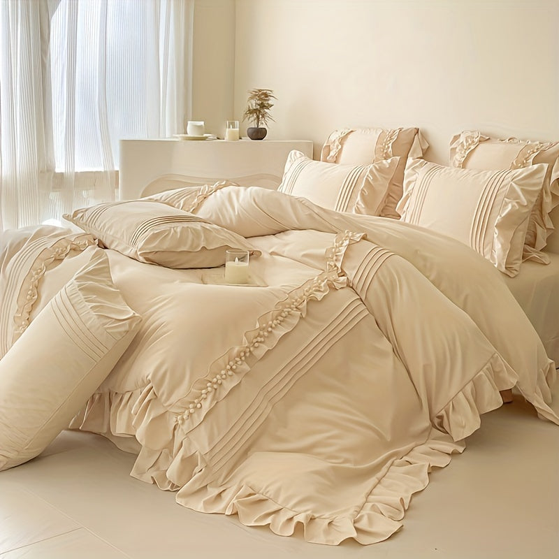 Conjunto de 4 Peças de Renda Romântica Macia + Kit Estilo Princesa com Bolinhas (1 Capa de Edredom, 2 Fronhas, 1 Lençol de Elástico), Suave e Delicado, Respirável e Absorvente, Simples e Romântico, Lavável na Máquina