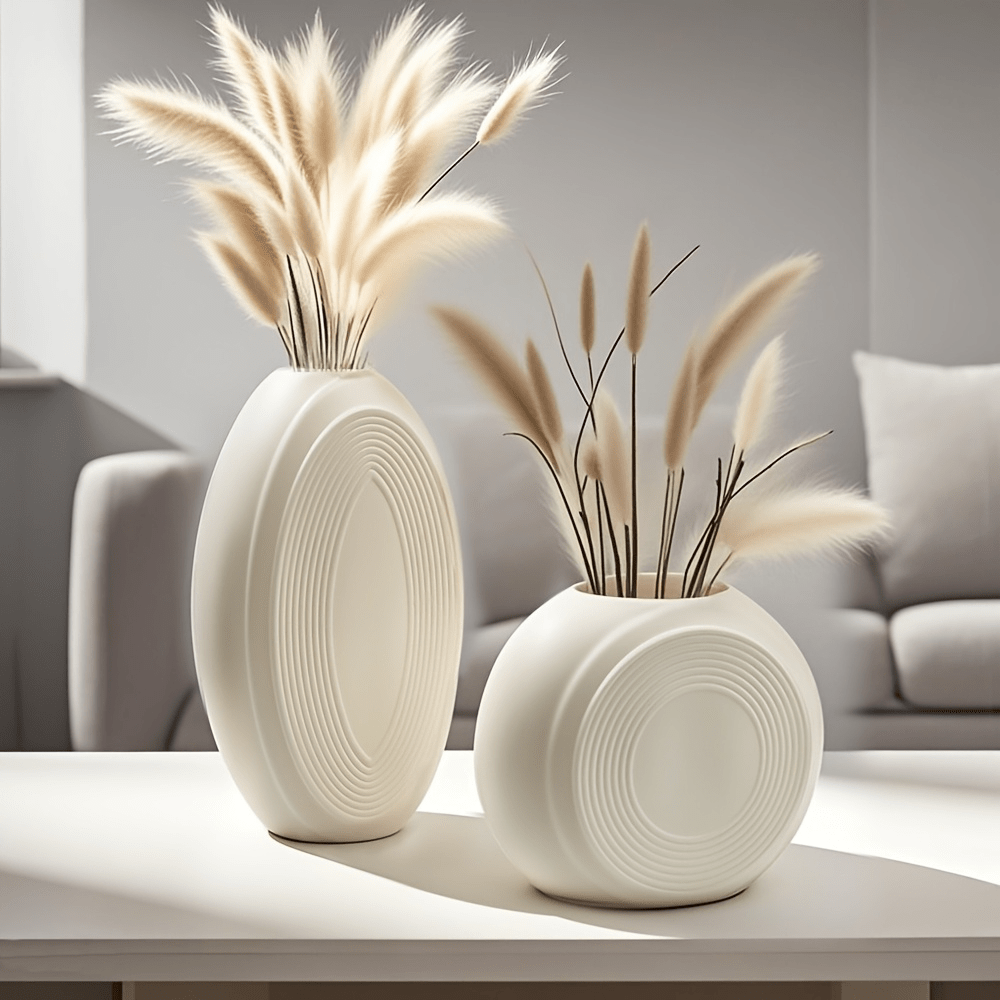 Conjunto de 2 Vasos de Cerâmica em Branco Leite Mate com Design Circular Ondulado, Leves e Inquebráveis, Adequados para Arranjos de Ramos Secos, Perfeitos para Entradas e Salas de Estar.